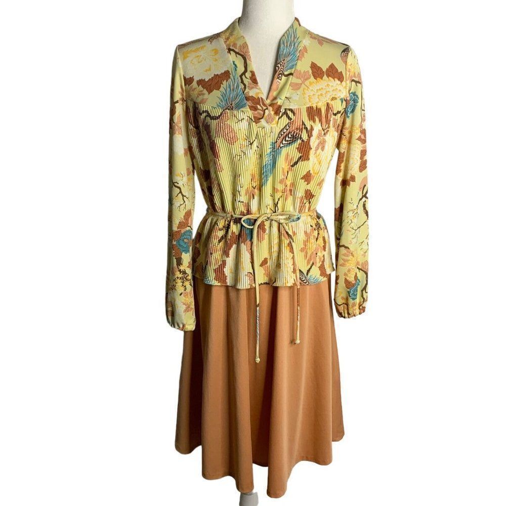 Vintage 80s Accordian Pleated Peplum Dress M Yellow Birds V Neck Tie